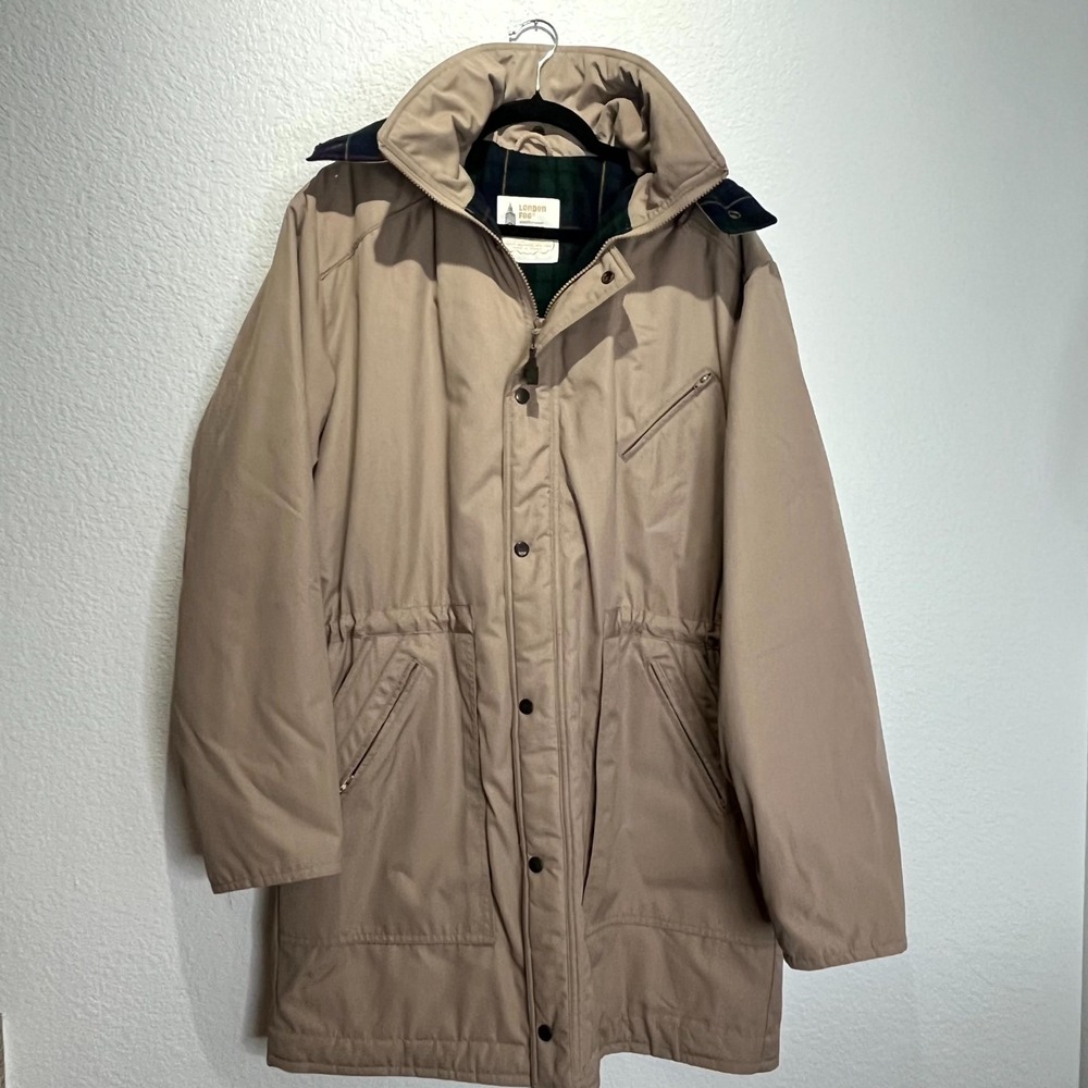 London Fog Winter Coat Womens 42 Beige Plaid Fleece Lined Full Zip Hooded Casual